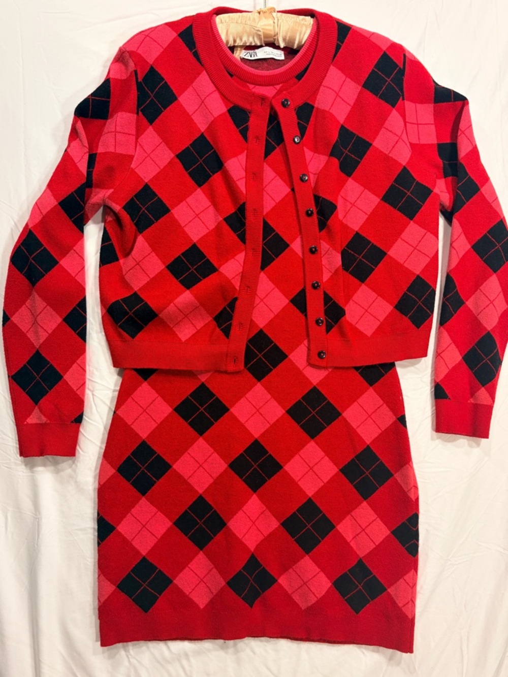Zara Red and Black Argyle Knit Cardigan and dress Twin Set. Size XL